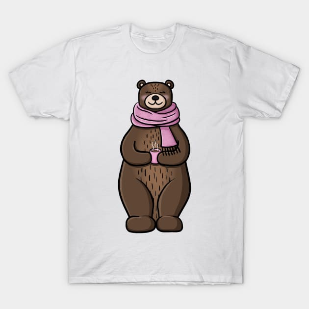 Cute Bear in a Fuzzy Pink Scarf with a Cup of Hot Chocolate T-Shirt by AlmightyClaire